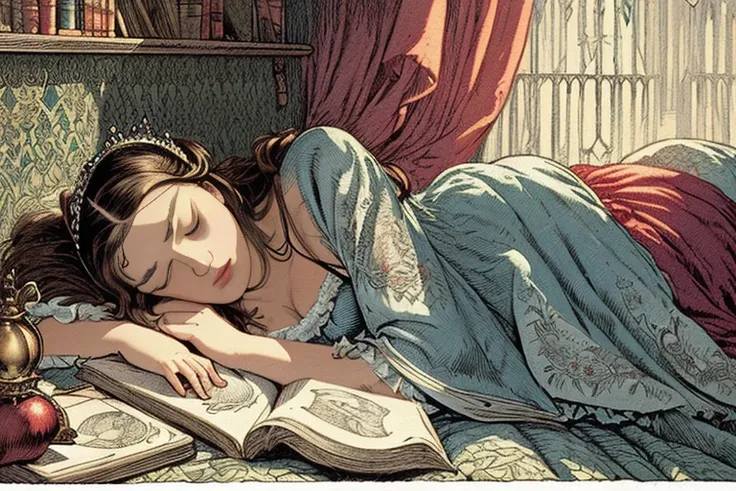 “Sleeping Beauty”, Grimm Fairy Tales, (((etching illustration))), beautiful princess, (((sleeping on bed, sleeping for a long time))), (((small bust, narrow waist))), (((wearing night gown, tiara))), (((victorian art style, art by John Tenniel)))