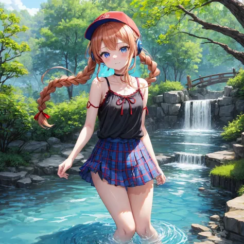 Red-blonde、Blue hair、blue eyess、Braids、poneyTail、one good looking girl、独奏、animesque、Plaid miniskirt、Black T-shirt、camisole、the woods、Walking、Wearing a plaid baseball cap、bare-legged、Tilting your face、log bridge、Doing the ribbon、have a twig、falls、Blue Topaz...