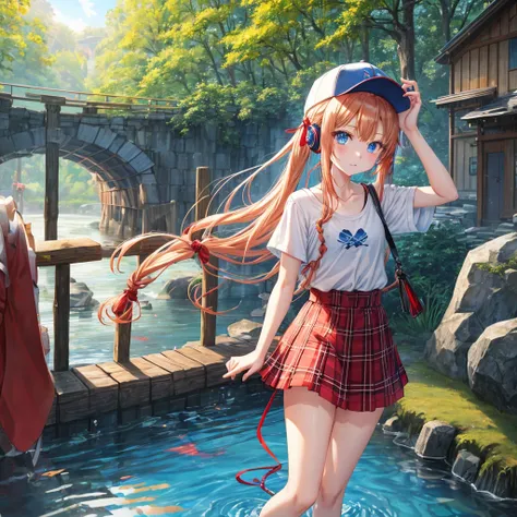 Red-blonde、Blue hair、blue eyess、Braids、poneyTail、one good looking girl、独奏、animesque、Plaid miniskirt、Black T-shirt、camisole、the woods、Walking、Wearing a plaid baseball cap、bare-legged、Tilting your face、log bridge、Doing the ribbon、have a twig、falls、Blue Topaz...