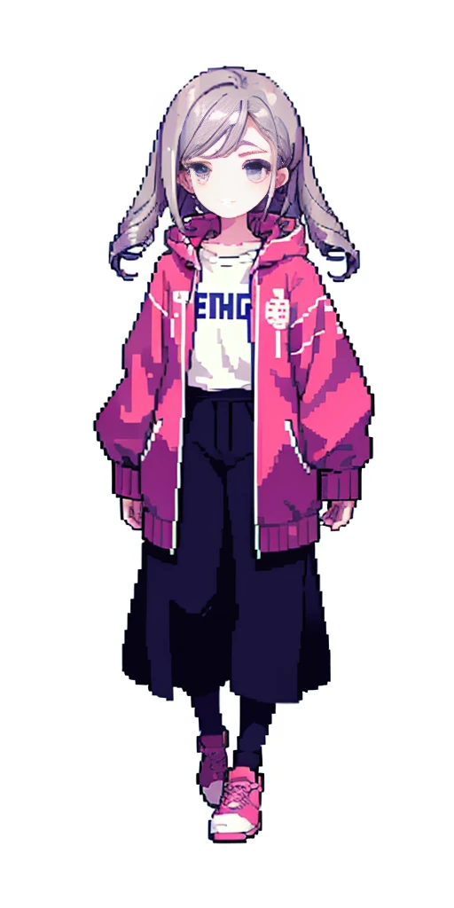 （tmasterpiece，top Quority，best qualtiy），pix，pixelart，1girll，full bodyesbian，Pink and white sweatshirt，Gray hair。