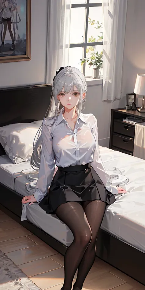 (((1 girl)),ray tracing,(dim lighting),[detailed background (bedroom)),((silver hair)),((silver hair)),(Fluffy silver hair, plump slender girl)) with high ponytail)))) Avoid golden eyes in the ominous bedroom (((Girl wears a white shirt, black wrinkled ski...