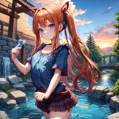 Red-blonde、Blue hair、blue eyess、Braids、poneyTail、one good looking girl、独奏、animesque、Plaid miniskirt、Black T-shirt、camisole、the woods、Walking、Wearing a plaid baseball cap、bare-legged、Tilting your face、log bridge、Doing the ribbon、have a twig、falls、Blue Topaz...