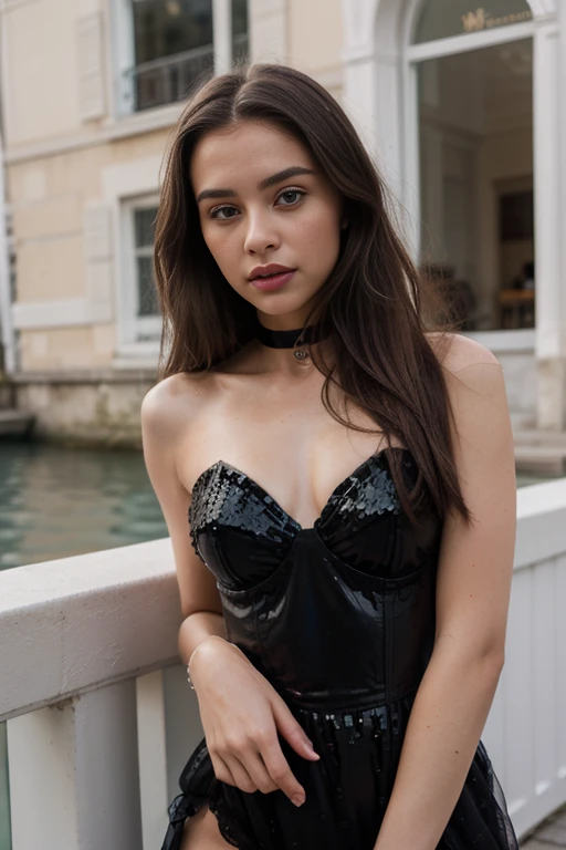 ((best quality)), ((masterpiece)), (detailed), perfect face realistic photo of beautiful woman with long dark brown hair, Russian, influencer, light freckles, dark brown eyes, big lips, no makeup, instagram, in a black sequin dress by the water, a picture,...