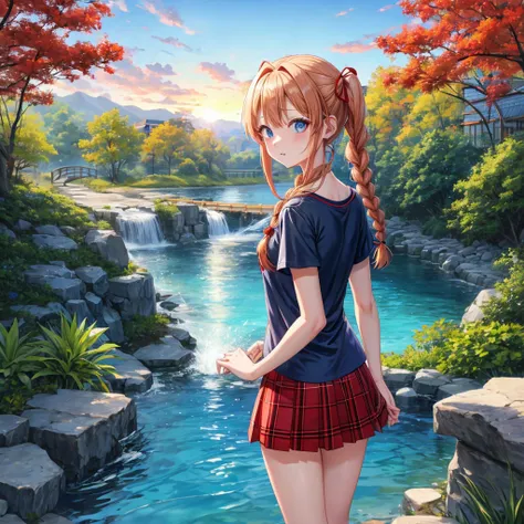 Red-blonde、Blue hair、blue eyess、Braids、poneyTail、one good looking girl、独奏、animesque、Plaid miniskirt、Black T-shirt、camisole、the woods、Walking、Wearing a plaid baseball cap、bare-legged、Tilting your face、log bridge、Doing the ribbon、have a twig、falls、Blue Topaz...