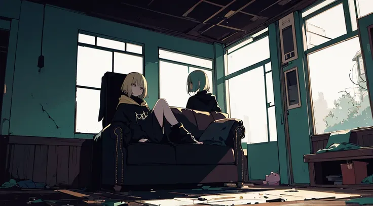 (1 girl, blonde hair, black eyes, black hoodie, sitting on the sofa, kawaii), (abandoned house), (low contrast, flat color, limited palette)