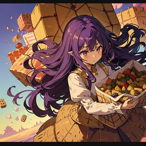 A girl with long afro hair flying low in the air covered in boiling large strawberry cake armor serving a large purple potato jam、Amazing dynamism、Amazing Angle、unstable buoyancy sandstorm、(((Lots of friendly oversized dried fruit cubes floating densely to...