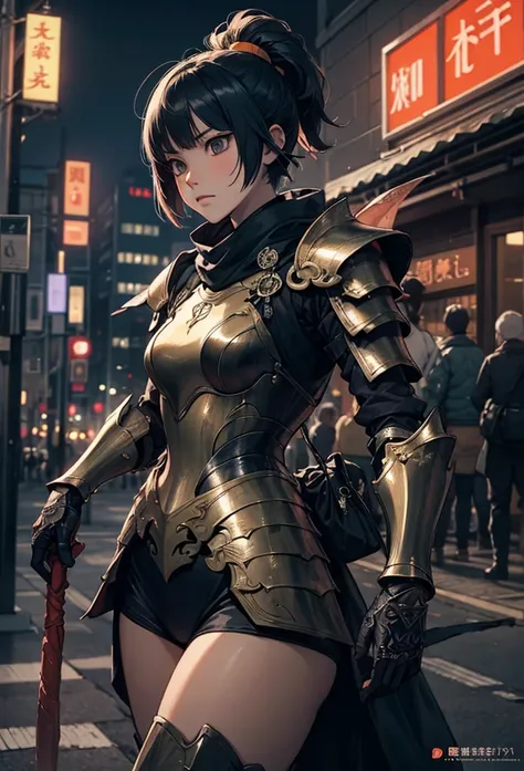 (Detailed illustrations,Very detailed and detailed drawing,Delicate lines with slow and rapid,Realistic texture expression),[Color tressed main line],[Shinjuku background at night],(ANIME) (NINJAGirl (Beautiful fece) 15yo student) well-muscled [Slim body] ...