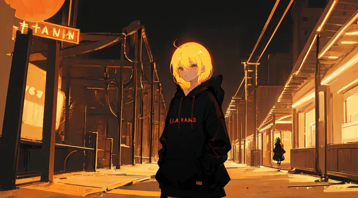 (2 girls, blonde hair, big black hoodie), (abandoned amusement park, late night, red moon), (low contrast, flat color, limited palette)