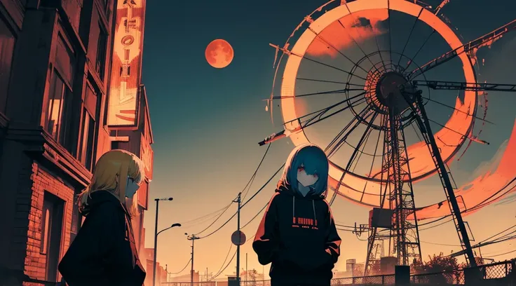 (2 girls, blonde hair, big black hoodie), (abandoned amusement park, late night, red moon), (low contrast, flat color, limited palette)