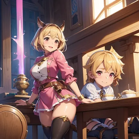 Granblue Fantasy,Grabble,djeeta,djeetaちゃん,Official Images,official illustrations,Black knee-high socks,pink clothing,,thighs thighs thighs thighs,Djeeta,a smile,a blond,Whip whip,,kids