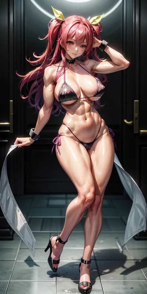 master piece、Top Quality、1 girl in、(Stella Vermillion)、Ligature bracelet、muscular thighs, muscular belly, wide hips, (very thin waist), large breasts, very hard breasts, standing breasts, very hard nipple, ( ((A sexy pose))), wearing red shoes with high he...