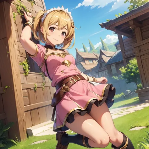 Granblue Fantasy,Grabble,djeeta,djeetaちゃん,Official Images,official illustrations,Black knee-high socks,pink clothing,,thighs thighs thighs thighs,Djeeta,kids,a smile,a blond,Whip whip