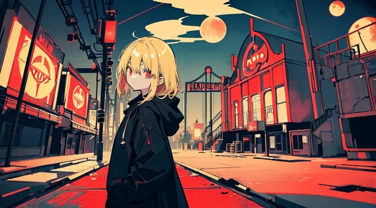 (1 girl, blonde hair, big black hoodie), (abandoned amusement park, late night, red moon), (low contrast, flat color, limited palette)