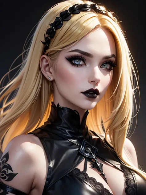 (best quality) (close up) (headshot) beautiful gothic woman with snow white skin (golden blond hair black ombre) with a center part hair and amber eyes wearing black lip stick and black makeup with tattoos, looking over shoulder, HDR, 4K, 3D