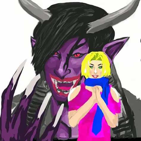 painting of a woman holding a cell phone in front of a demon, drawn in microsoft paint, demon girl, woman loves demon, tiefling, tiefling from d & d, demon woman, tiefling female warlock, demon, gapmoe yandere grimdark, inspired by Tsukioka Yoshitoshi, evi...