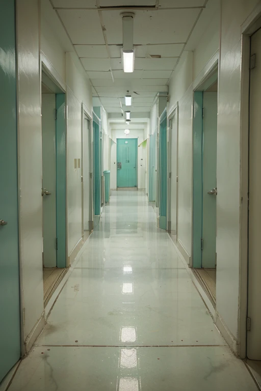 "Dirty white floor" Turquoise Green Wooden Doors. Hospital Corridors. "Old" "Worn Out" "Scary Appearance" "Long corridor" "Endless Corridor" "Hospital" "Worn doors"