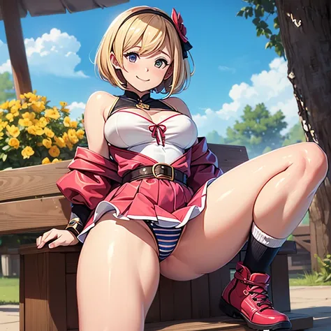 Granblue Fantasy,Grabble,djeeta,djeetaちゃん,mesugaki,Official Images,official illustrations,Black knee-high socks,pink clothing,,thighs thighs thighs thighs,Djeeta,kids,a smile,a blond,むちむちthighs thighs thighs thighs, striped panty,low angles