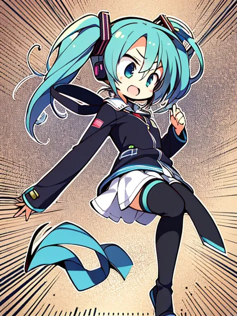 masutepiece, Best Quality, 1girl in, Solo, Chibi,  Background, Dynamic Pose, Full body, Hatsune Miku