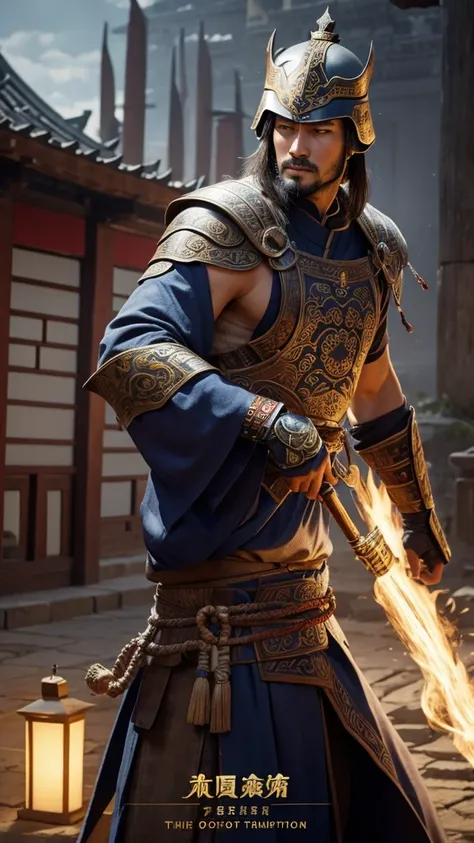 oriental、man in ancient chinese armor、Ancient Chinese man wearing a leather helmet、a simple man、three kingdom、multiple warlords、top-quality、​masterpiece、超A high resolution、(Photorealsitic:1.4)、Game Posters、Clear and beautiful image quality、