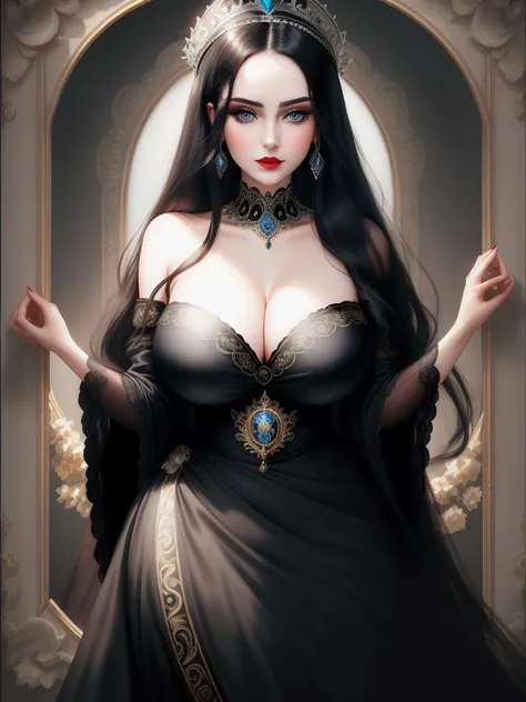 ((old painting portrait face and breast close up)) ((round ornamented frame)) woman beautiful face, big blue eyes, red lipstick, dark eyeshadows make up, long straight black hair, (pale skin), silver tiara, silver neck ornament, huge breast, slim figure, s...