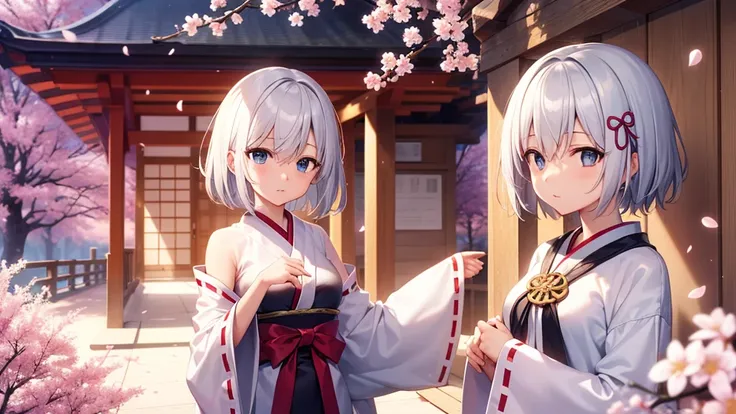 (masutepiece: 1.2, Best Quality), 1 Lady, Solo, silber hair,Shoulder out,Very short hair, long bangs between eyes, blue eyess,Black eyes,,White hair, Silver hair, shrine maiden clothe、shrines、cherry blossoms falling