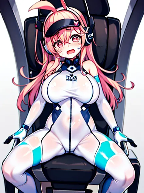 （Equestrian machine):1.7、straddle a mechanical chair、Inside a futuristic space station、1girl in、独奏、Full body painting、breastsout、perspiring、tears、Heart-shaped pupil、Ahegao、Steamed body、(futuristic white latex bodysuit):1.1,head phone、V arm、red blush:1.3