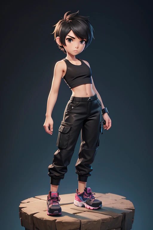 12 year old 2d female character with short hair and tank top and black mesh pants for platform game..