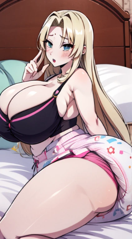 Tsunade Senju, 1 girl, ((bimbo))), long blond hair, puffy lips, painted lips, thick lips, wide hips, thick thighs, huge ass, screaming , enormous huge natural breasts, mature mom, white bra, in my bed, kissing another woman, huge bloated overflowing saggy ...