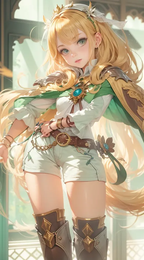 Blonde woman wearing short shorts, Green and white clothes, blonde hairs, golden hair, long  hair, White Boots, Castlevania, sun lighting, Lots of golden details