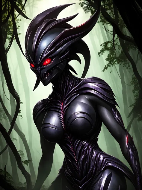 A breathtakingly beautiful half-alien, half-predator female with xenomorph-like sharp, curved teeth and a predator-like sleek, muscular body stands amidst a dark, ominous forest clearing, bathed in the eerie glow of an otherworldly bioluminescent light. He...