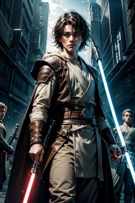 3 young male jedi knights, jedi robes , 4k ultra black hair , light sabers