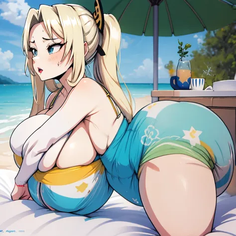 Tsunade Senju, 1 girl, ((bimbo))), long blond hair, puffy lips, painted lips, thick lips, wide hips, thick thighs, huge ass, screaming , enormous huge natural breasts, mature mom, white bra, in my bed, kissing another woman, huge bloated overflowing saggy ...