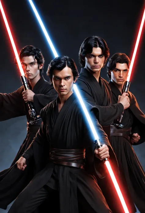 3 young male jedi knights, black robes , 4k ultra black hair , light sabers