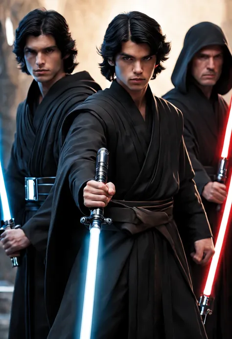 3 young male jedi knights, black robes , 4k ultra black hair , light sabers