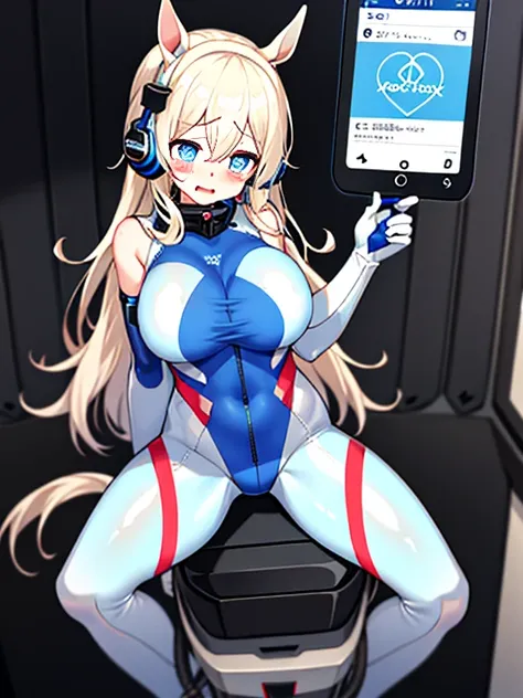 （Equestrian machine):1.7、straddle the horse riding machine、Tubes and cables、holds the smartphone in her hand、(Interior of white cyberpunk futuristic space station)、1girl in、独奏、Full body painting、breastsout、perspiring、tears、Heart-shaped pupil、Ahegao、Steamed...