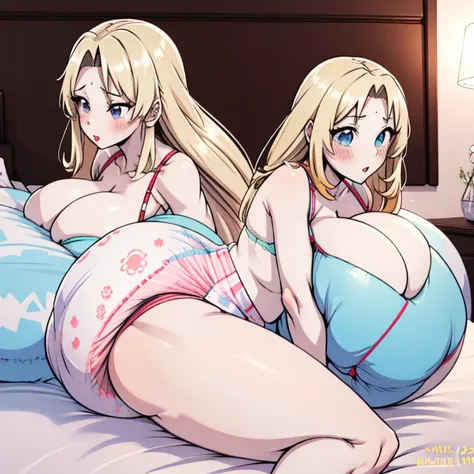 Tsunade Senju, 1 girl, ((bimbo))), long blond hair, puffy lips, painted lips, thick lips, wide hips, thick thighs, huge ass, screaming , enormous huge natural breasts, mature mom, white bra, in my bed, kissing another woman, huge bloated overflowing saggy ...