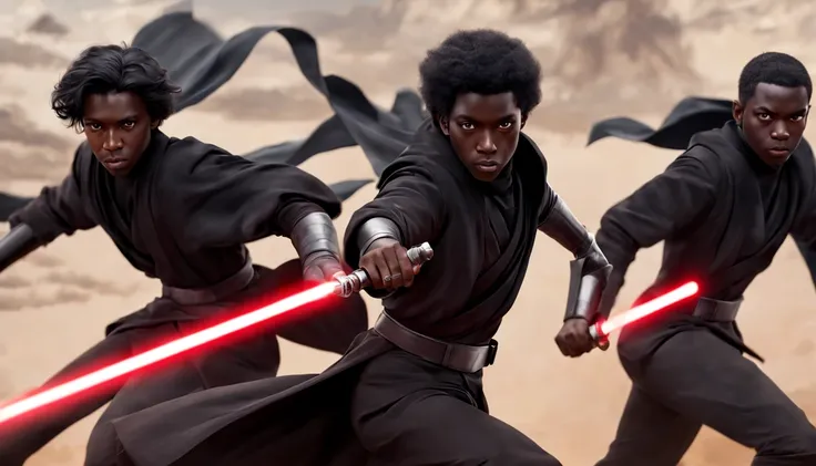 3 young male jedi knights, black robes , 4k ultra black hair , light sabers , dark black skin