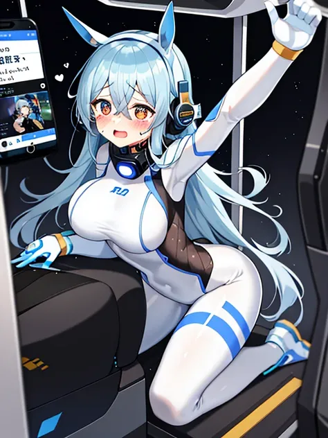 （Equestrian machine):1.3、straddle the horse riding machine、Tubes and cables、holds the smartphone in her hand、(Interior of white cyberpunk futuristic space station)、1girl in、独奏、Full body painting、breastsout、perspiring、tears、Heart-shaped pupil、Ahegao、Steamed...