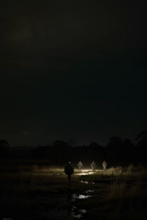 (best quality, HD, highres, realistic), special operation soldiers, team, moving stealthily, in a swamp, enemy base in distance, tactical, night landscape,  Necronomicon, image style painting, shadows, cinematic