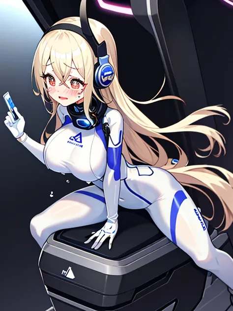 （Equestrian machine):1.3、straddle the horse riding machine、Tubes and cables、holds the smartphone in her hand、(Interior of white cyberpunk futuristic space station)、1girl in、独奏、Full body painting、breastsout、perspiring、tears、Heart-shaped pupil、Ahegao、Steamed...