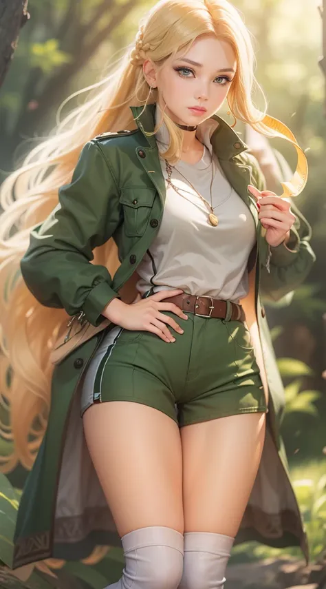 Blonde woman, 25 years,  Fair Skin, golden hair, (((blonde hairs))), ruffa verde, green beret, long  hair, long braided hair, a beauti, 4k, highs quality, sun lighting, Castlevania, in short shorts, Green shorts, White Boots, long boots,