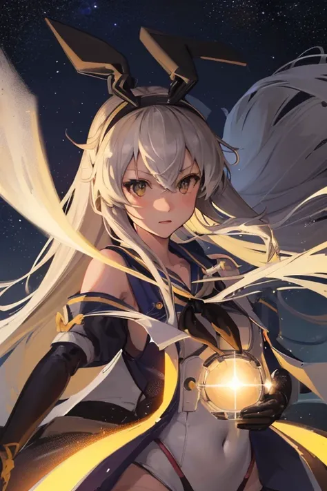 hyper detailed, perfect anatomy, extremely detailed and delicate, 1 girl, shimakaze(kancolle), 1 black cat, night sky, stars, milkyway, hugging a black cat,