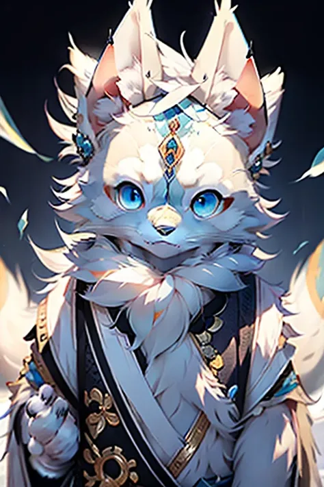 natural  lightting，detailedbackground，独奏，hairy pubic，Male Arctic fox，White fur，white skinned，White ears，sharp look，blue colored eyes，sharp talons、hairy pubic尾巴、Blue floral accents，White paws