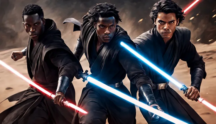 3 young male jedi knights, black robes , 4k ultra black hair , light sabers , dark black skin