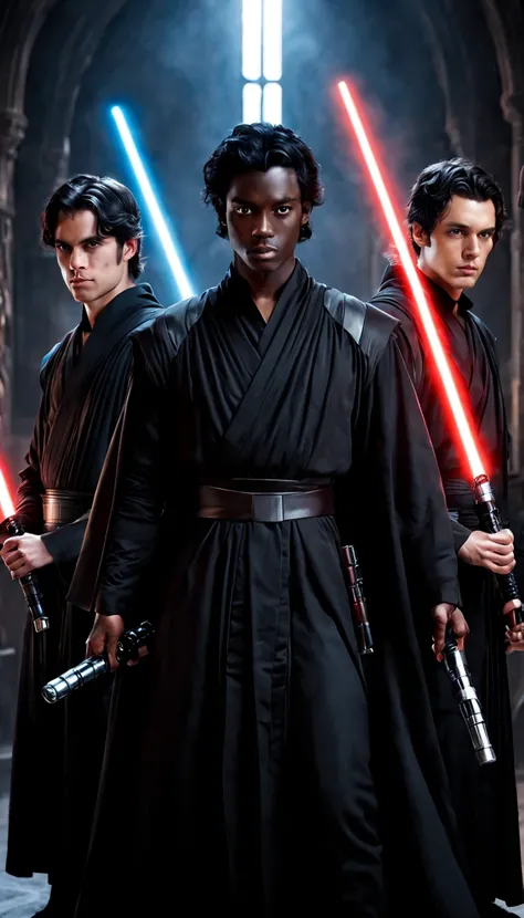 3 young male jedi knights, black robes , 4k ultra black hair , light sabers , dark black skin