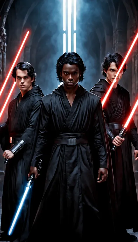 3 young male jedi knights, black robes , 4k ultra black hair , light sabers , dark black skin