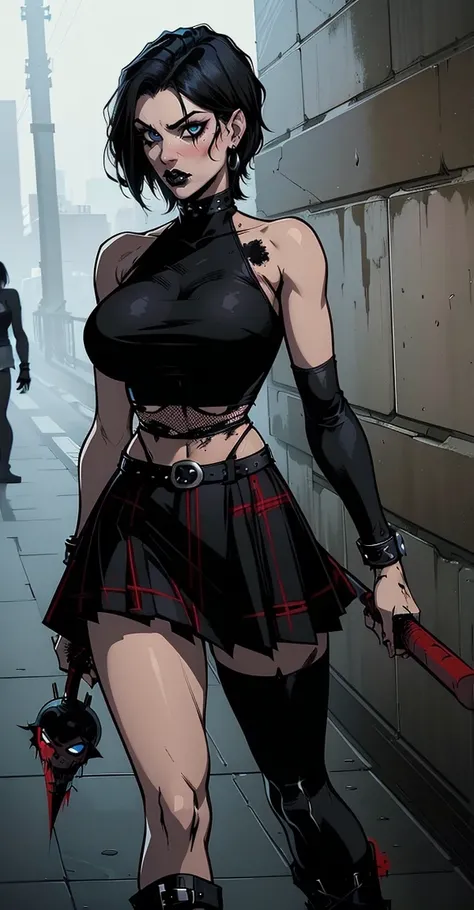 a woman with short black hair, hair on shoulders, wearing a black cropped and plaid skirt, blue eyes, zombie art, gothic art, cute aesthetic with vibe, toon aesthetic, wearing red costume, wearing gothic accessories,  Cassie Hack,  hack/slash comic. wearin...