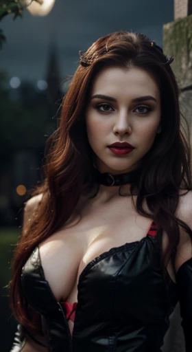 (best quality,ultra-detailed,photorealistic),young woman vampire queen,beautiful bright red eyes, detailed lips, green lipstick, vampire like makeup, pensive expression, soft lighting,vibrant colors, long flowing Reddish hair, stylish vampire outfit, cemet...