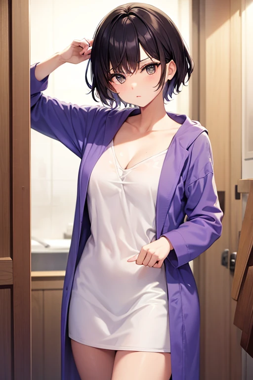 Cool girl, short hair, wear bathrobe