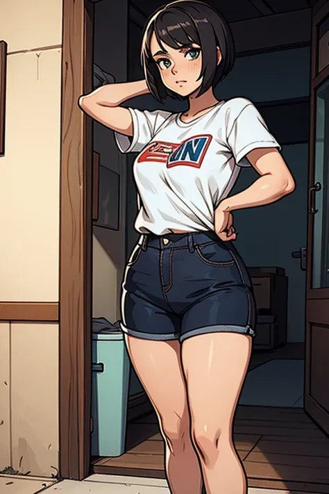 12 year old 2d female character with semi short hair, camiseta sin mangas y pantalones de malla negros para juego de plataformas..